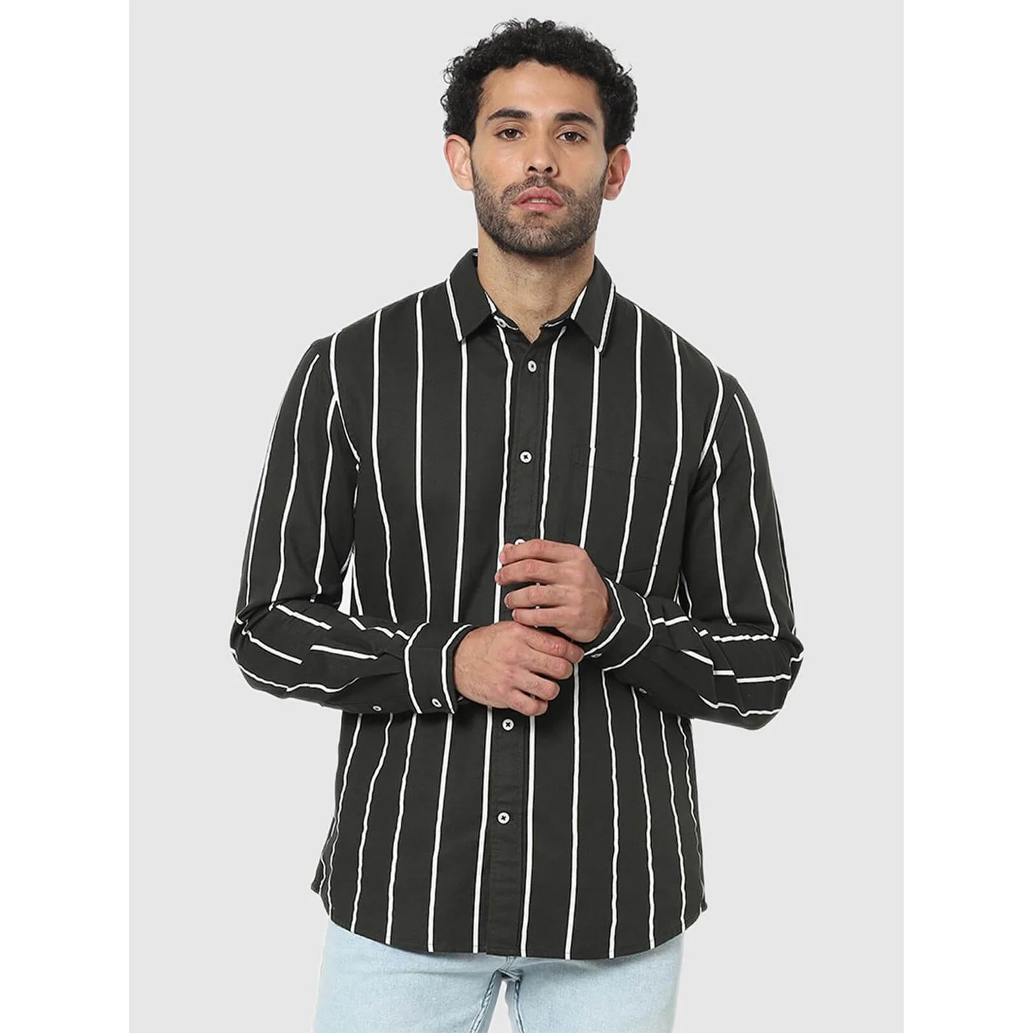 Celio* Striped Regular Fit Cotton Black Shirt