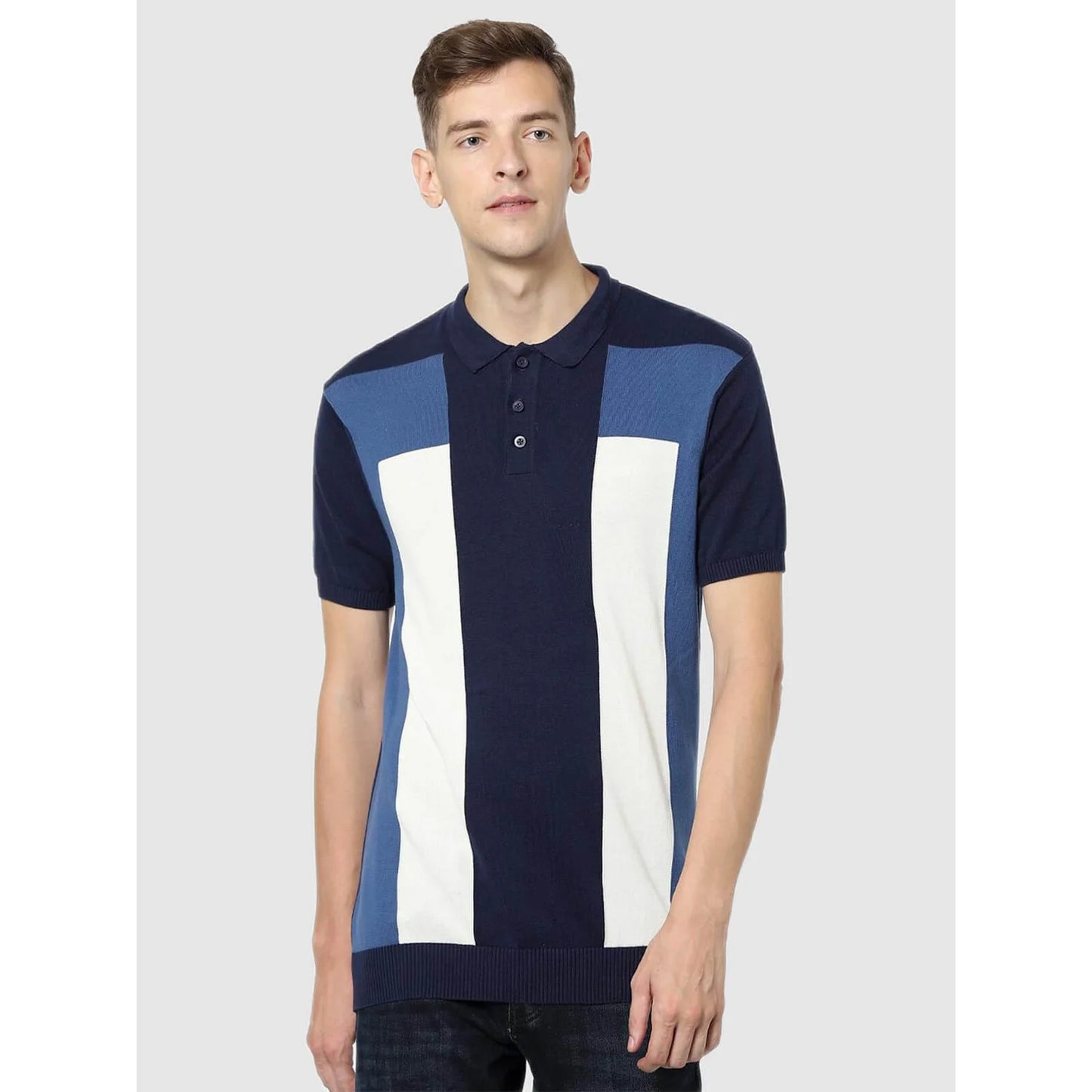 Navy Blue Colourblock Cotton Polo