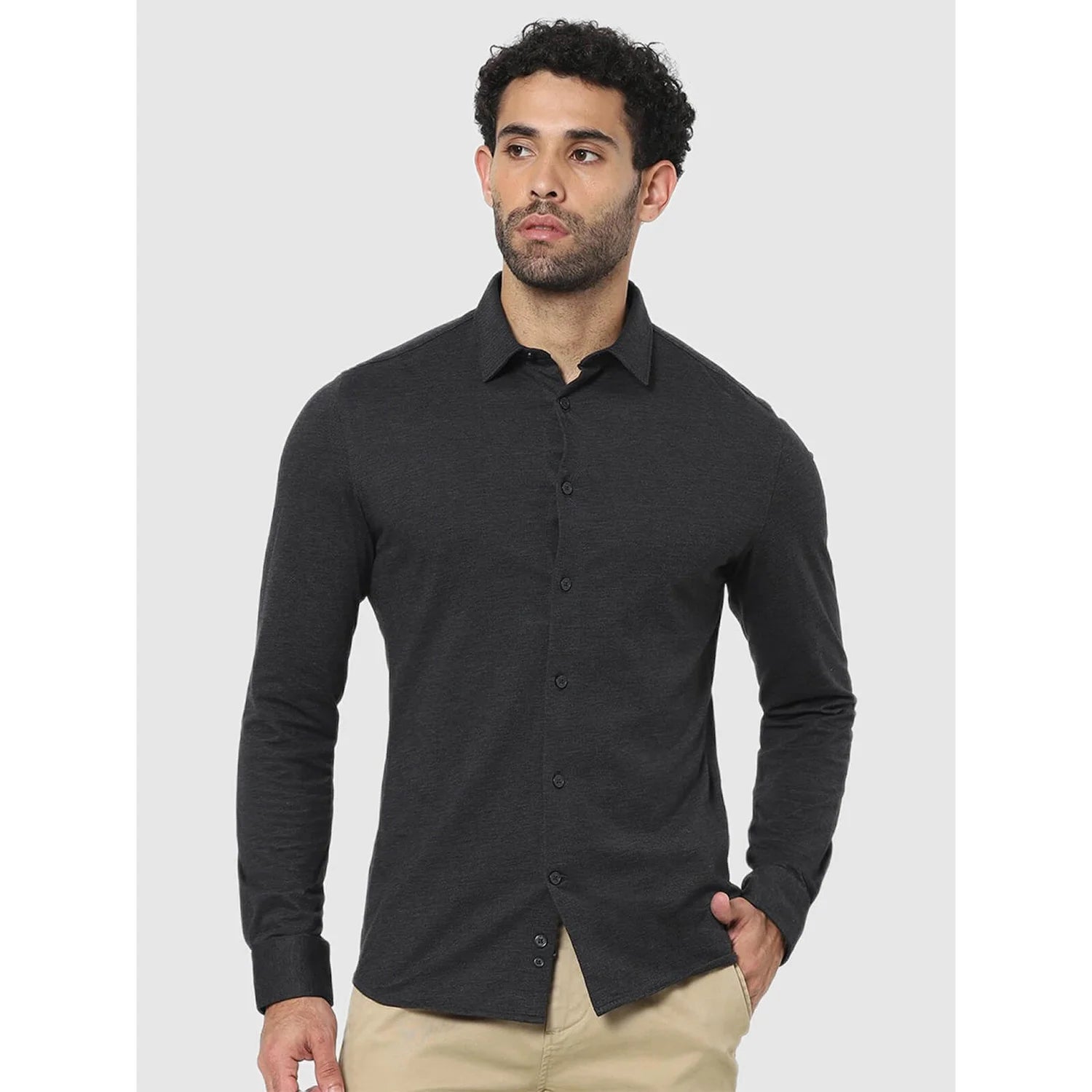 Celio* Solid Regular Fit Cotton Black Shirt