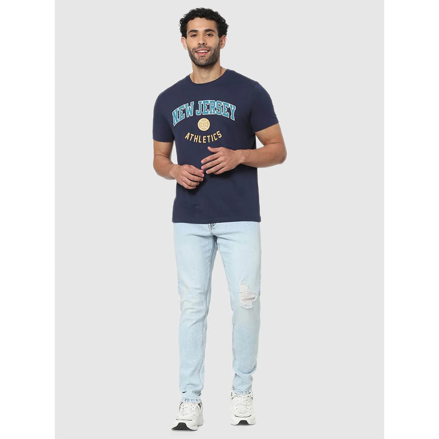 Navy Blue Graphic Printed Cotton T-shirt