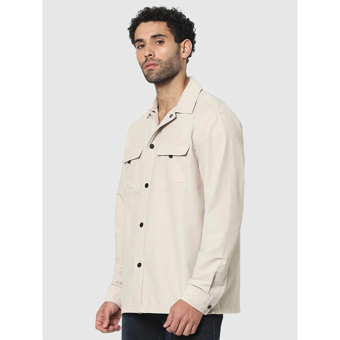 Beige Solid Cotton Shirt