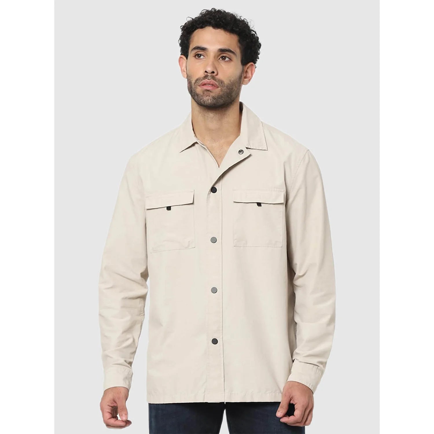 Beige Solid Cotton Shirt