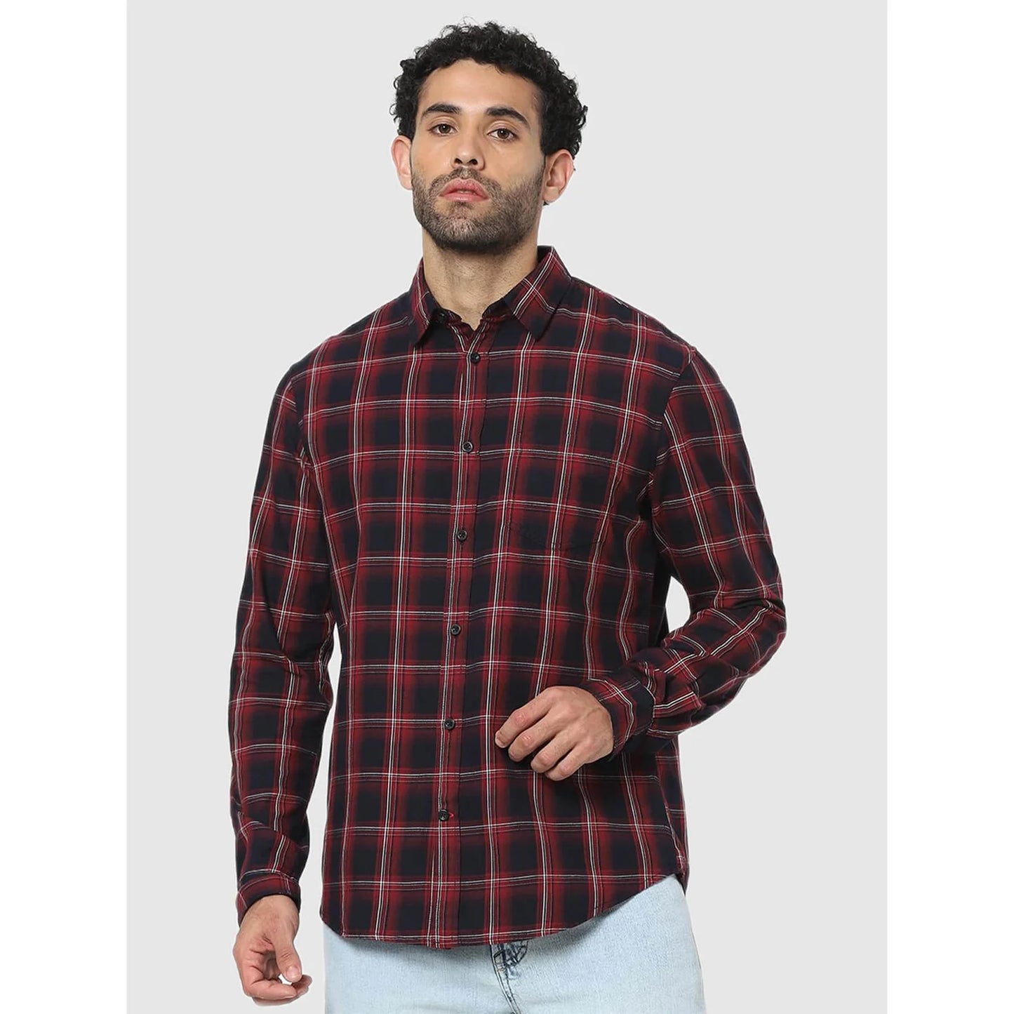 Celio* Checked Regular Fit Cotton Maroon Shirt