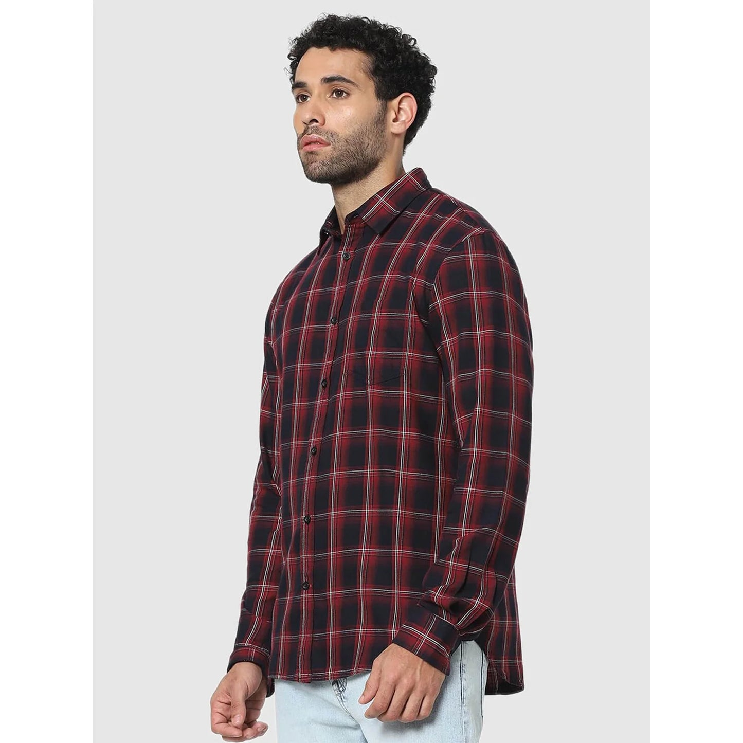 Celio* Checked Regular Fit Cotton Maroon Shirt