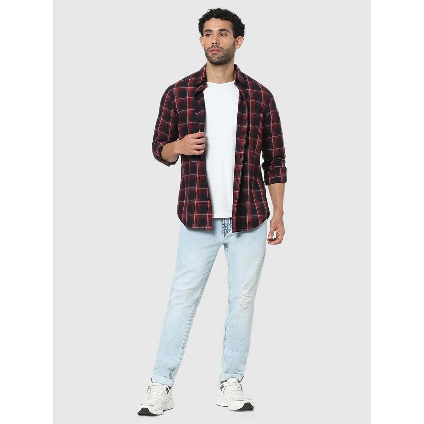 Celio* Checked Regular Fit Cotton Maroon Shirt