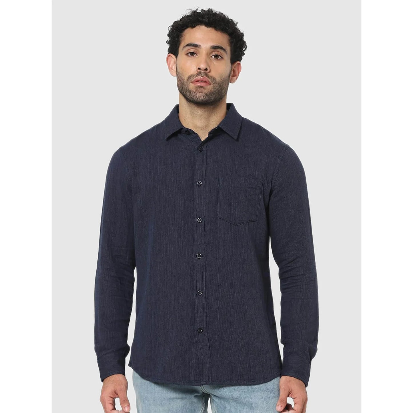 Navy Blue Solid Cotton Shirt