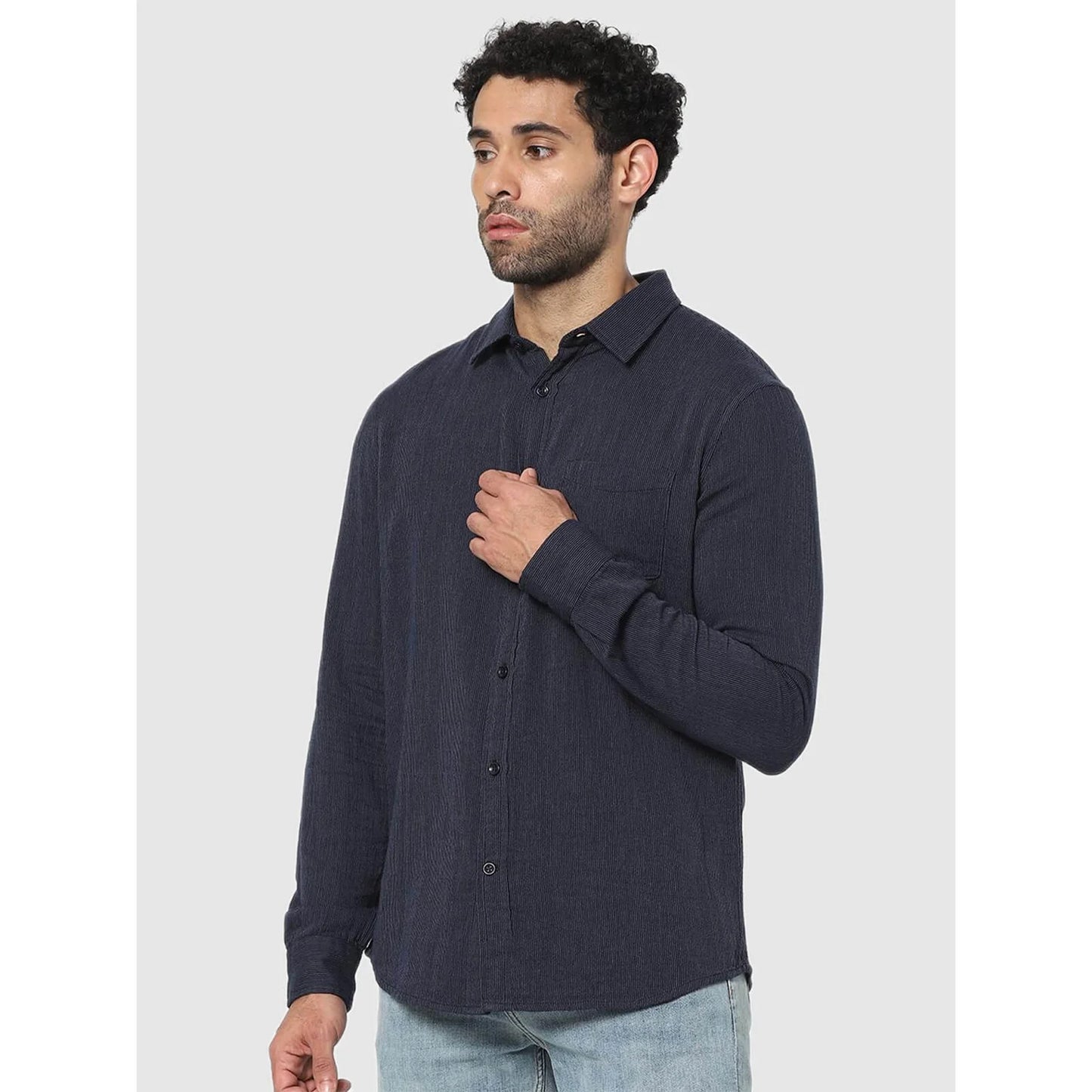 Celio* Solid Regular Fit Cotton Navy Blue Shirt