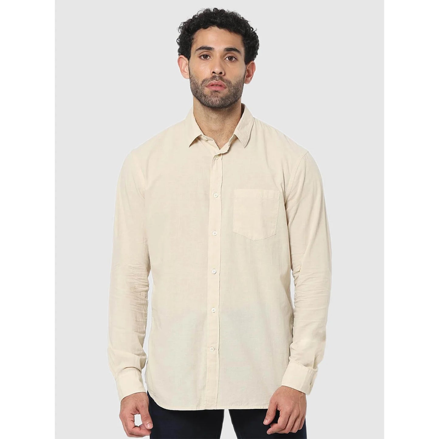 Beige Solid Cotton Shirt