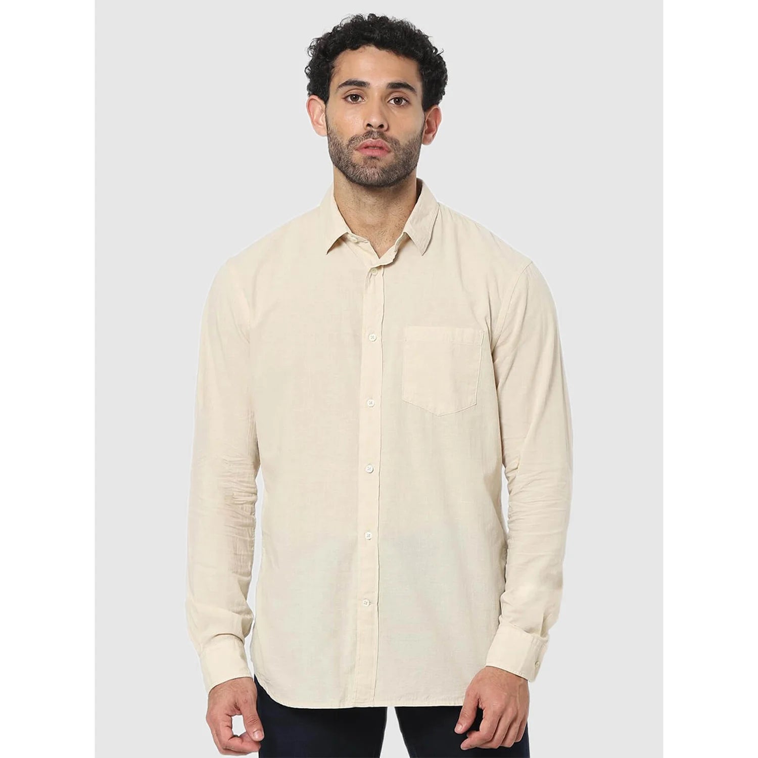 Celio* Solid Regular Fit Cotton Cream Shirt
