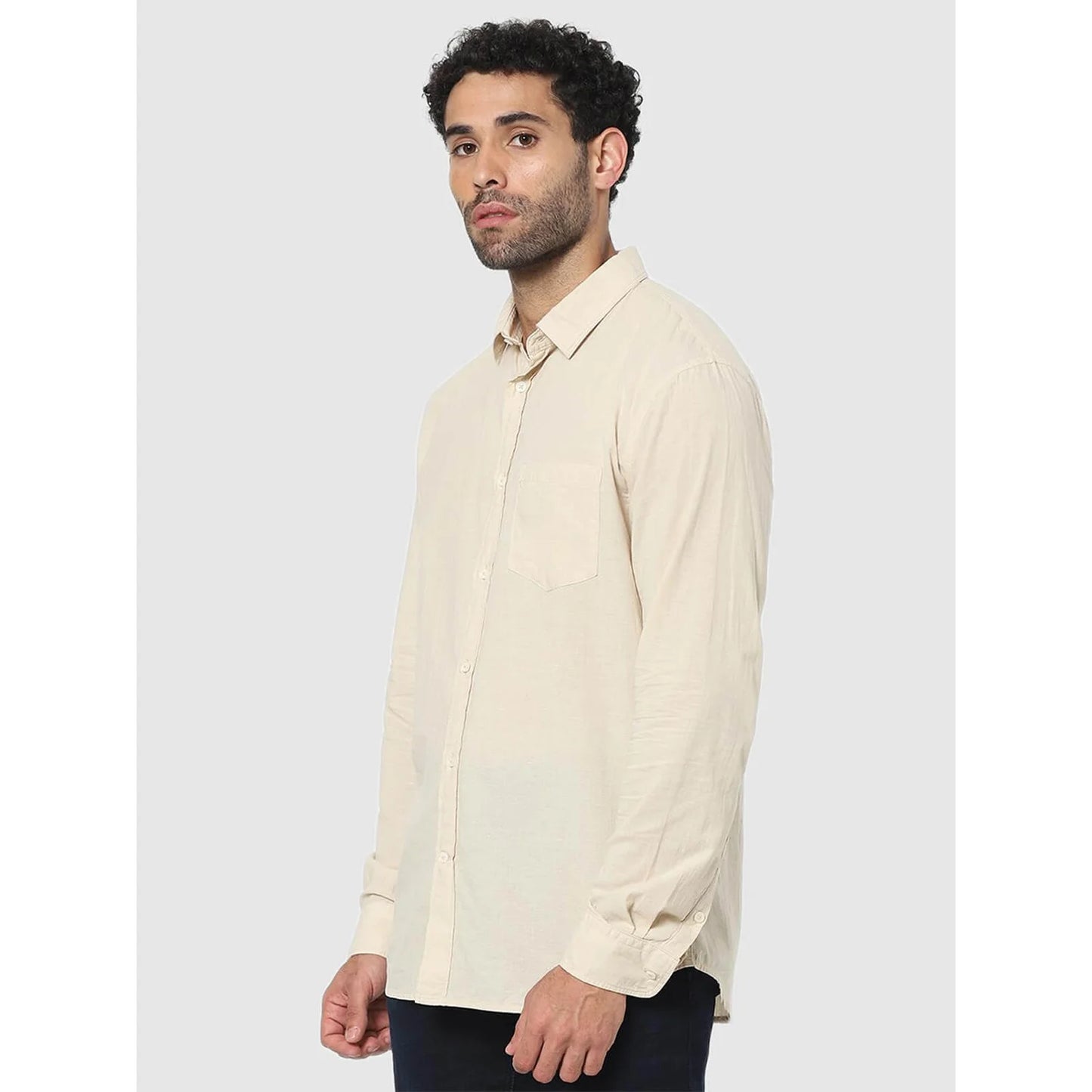 Beige Solid Cotton Shirt