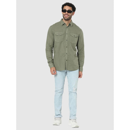 Celio* Solid Regular Fit Linen Olive Shirt