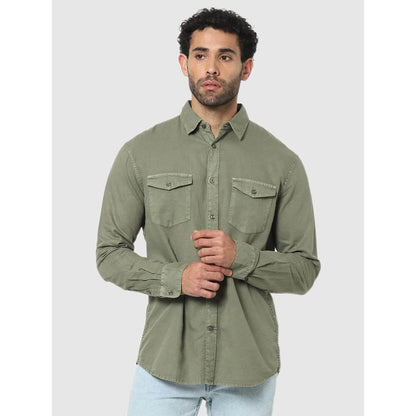 Celio* Solid Regular Fit Linen Olive Shirt