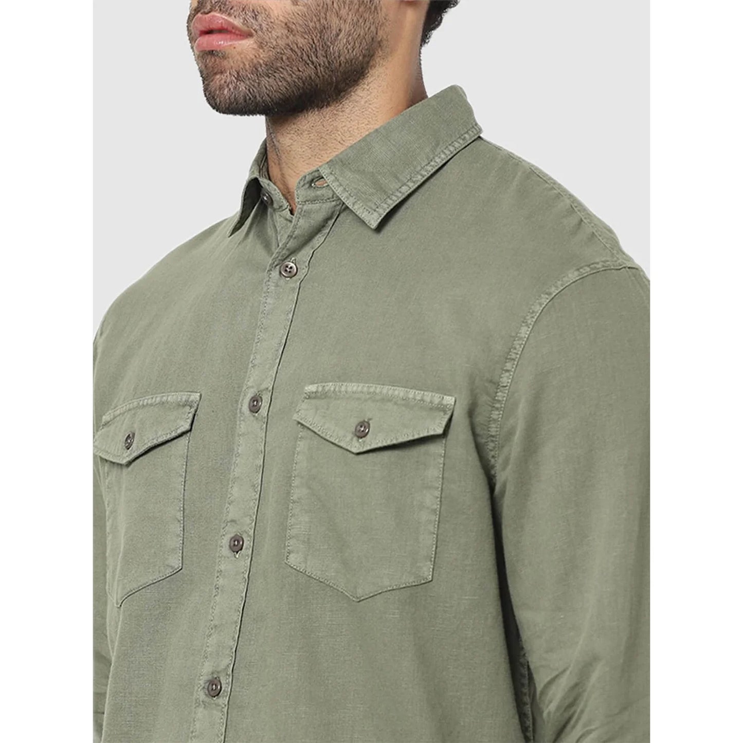 Celio* Solid Regular Fit Linen Olive Shirt