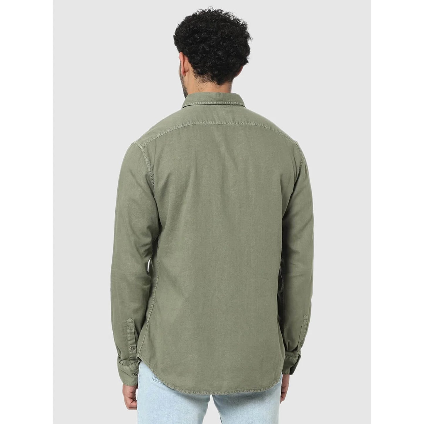 Celio* Solid Regular Fit Linen Olive Shirt