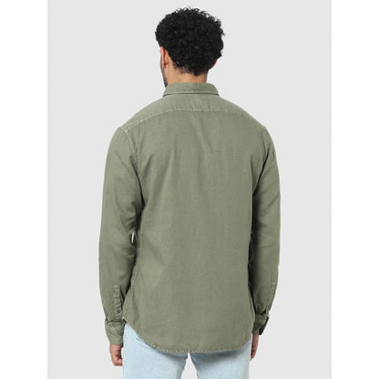 Celio* Solid Regular Fit Linen Olive Shirt