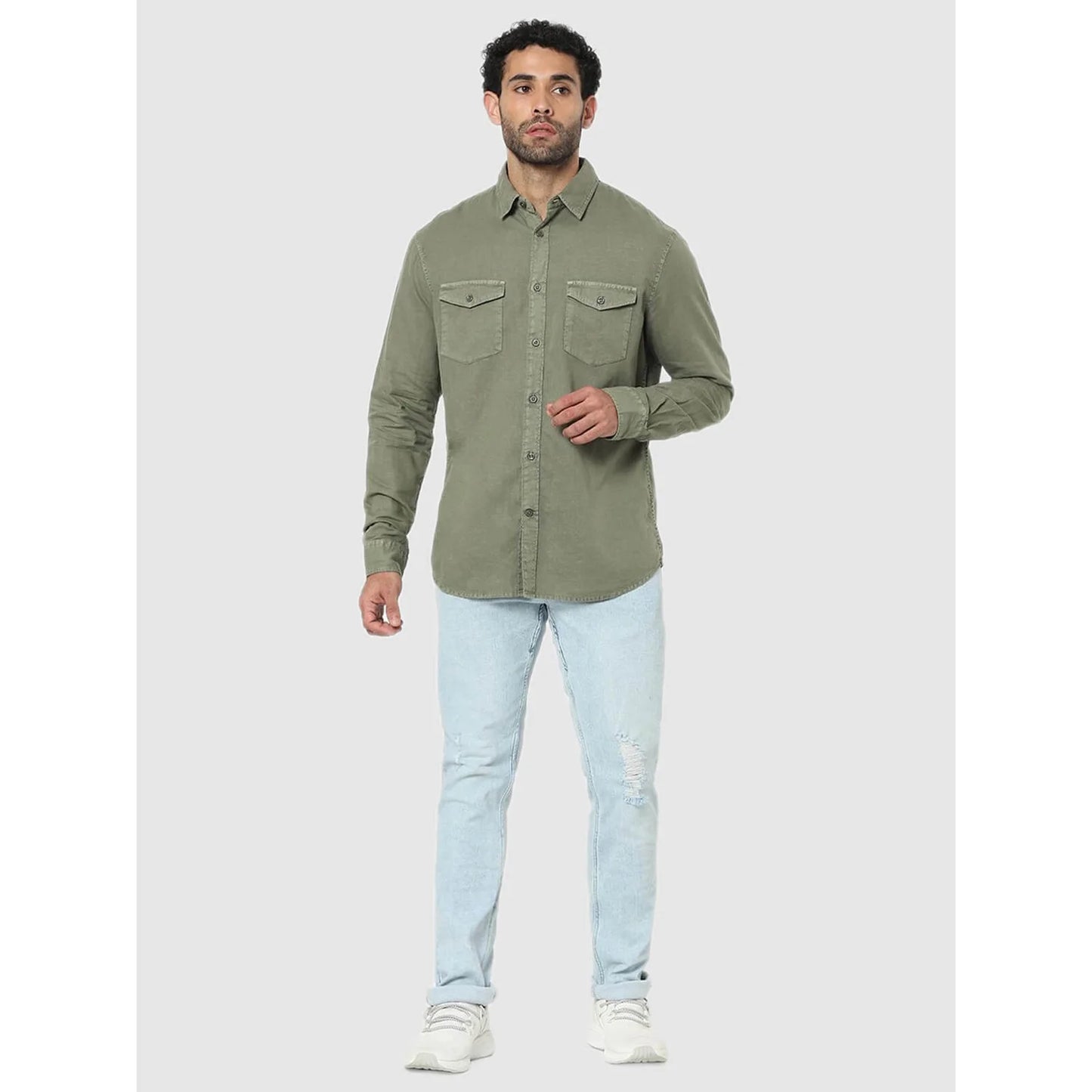 Celio* Solid Regular Fit Linen Olive Shirt