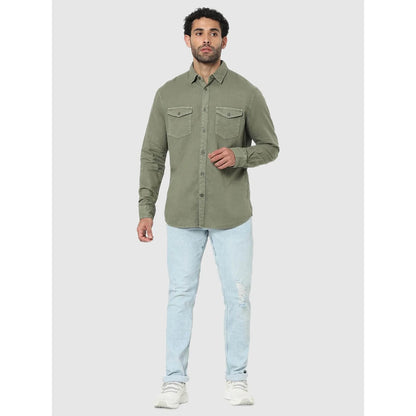Celio* Solid Regular Fit Linen Olive Shirt