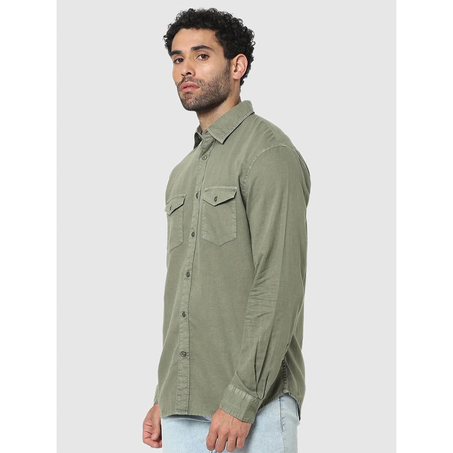 Celio* Solid Regular Fit Linen Olive Shirt