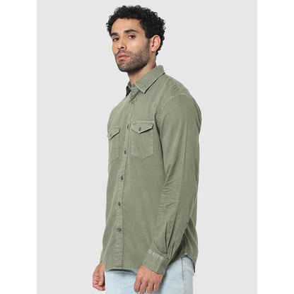 Celio* Solid Regular Fit Linen Olive Shirt
