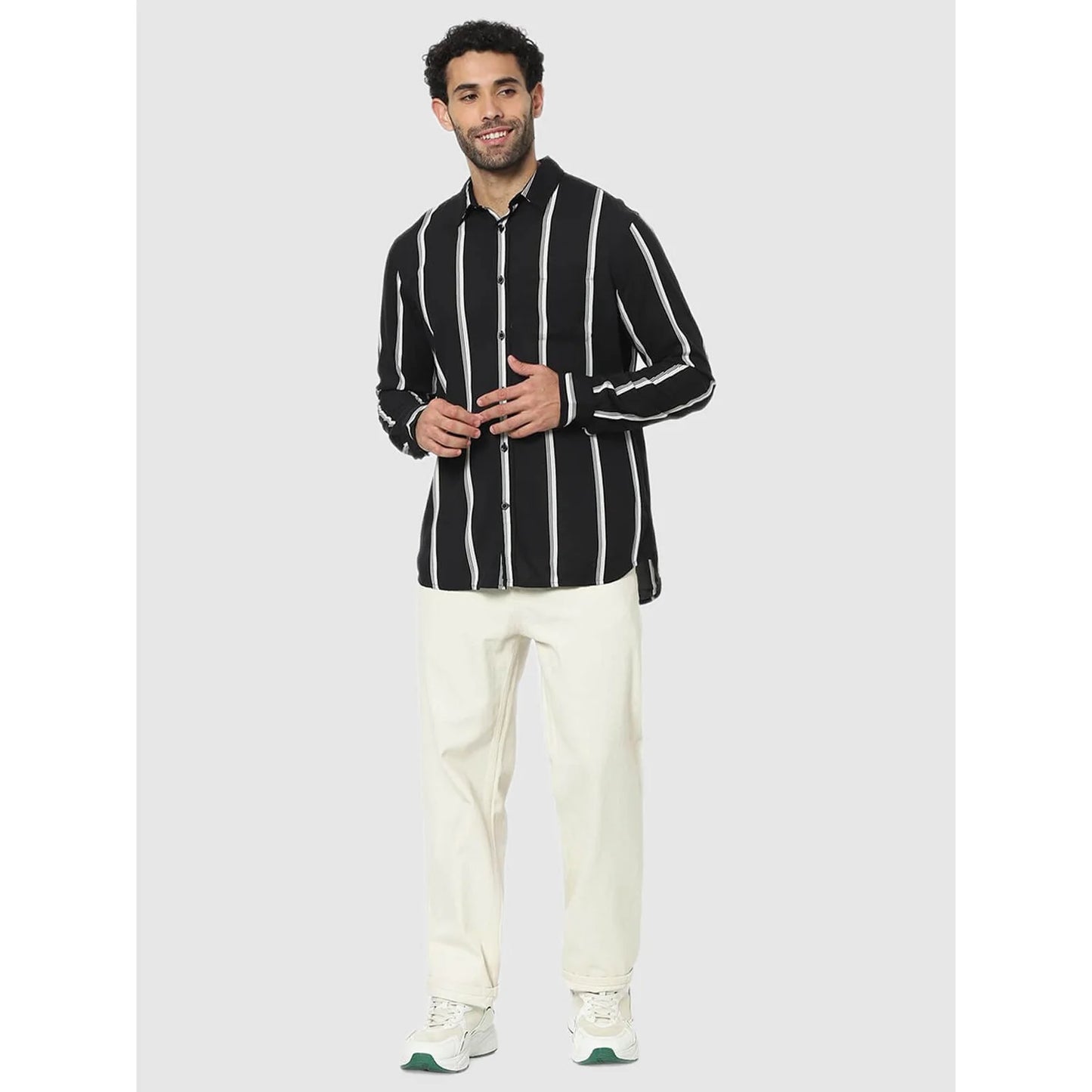 Celio* Striped Regular Fit Viscose Black Shirt