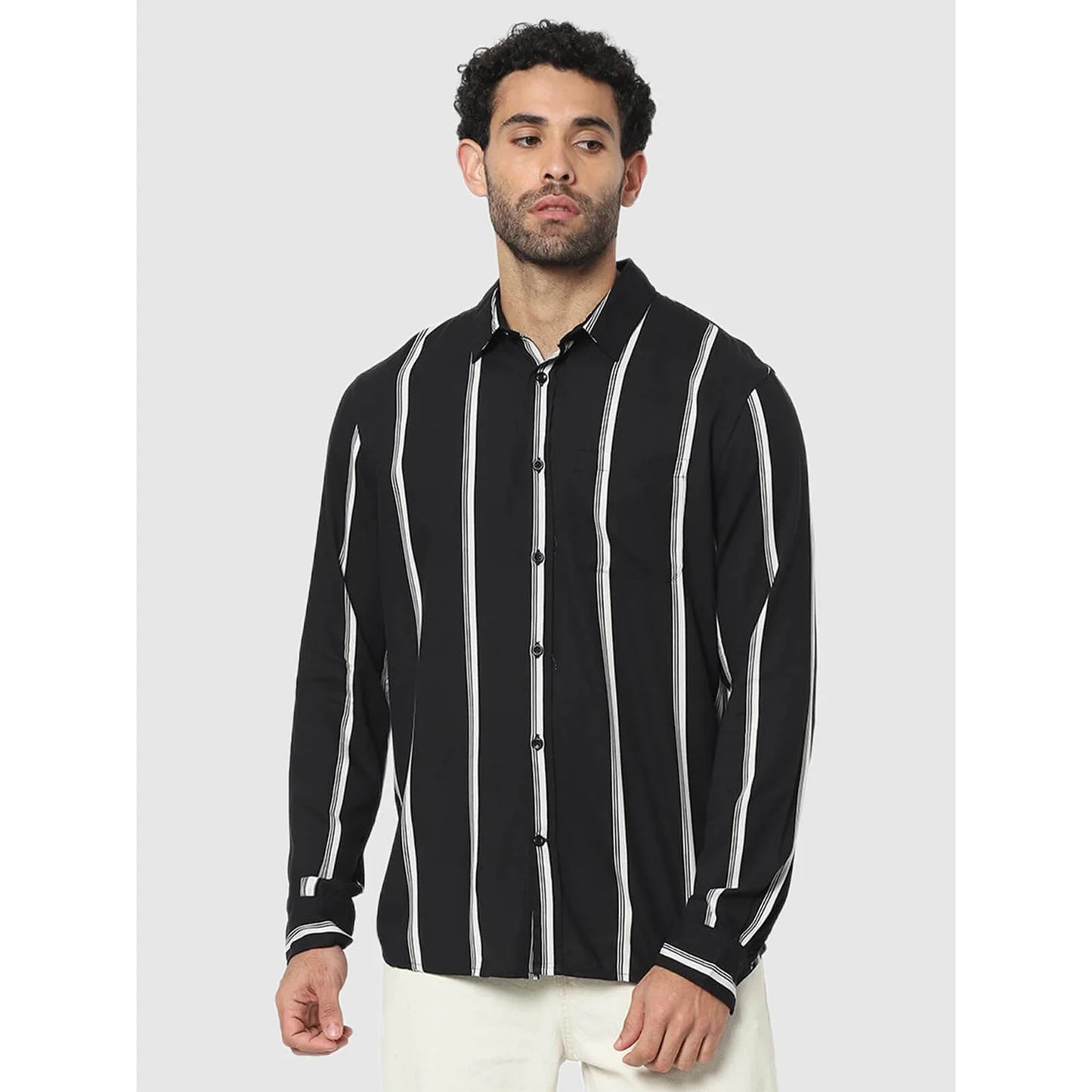 Celio* Striped Regular Fit Viscose Black Shirt