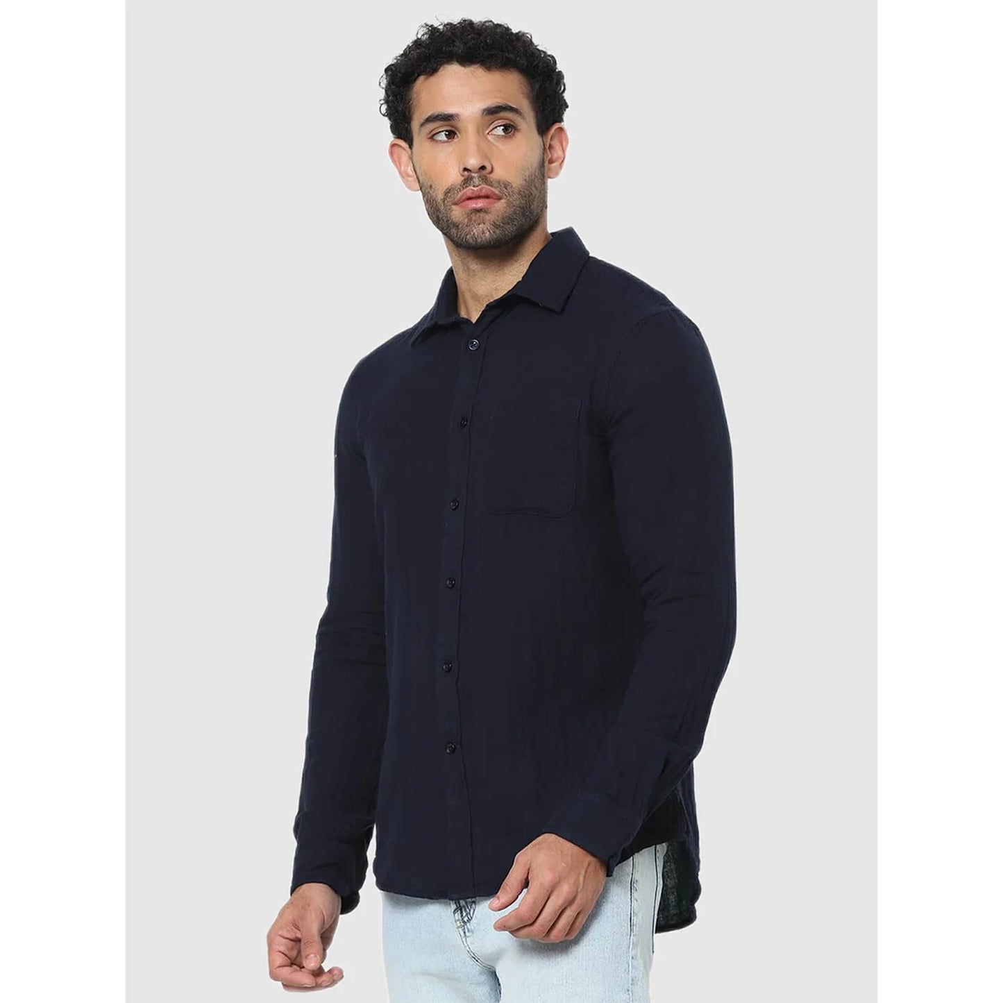 Navy Blue Solid Cotton Shirt