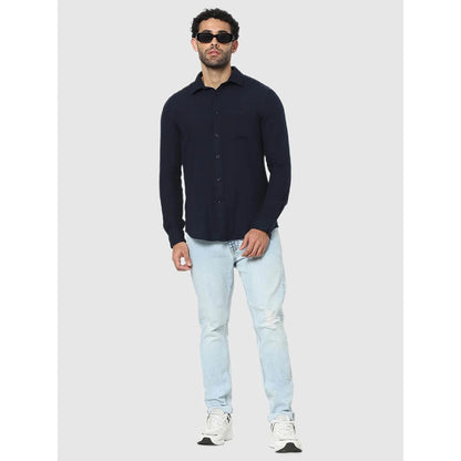 Navy Blue Solid Cotton Shirt