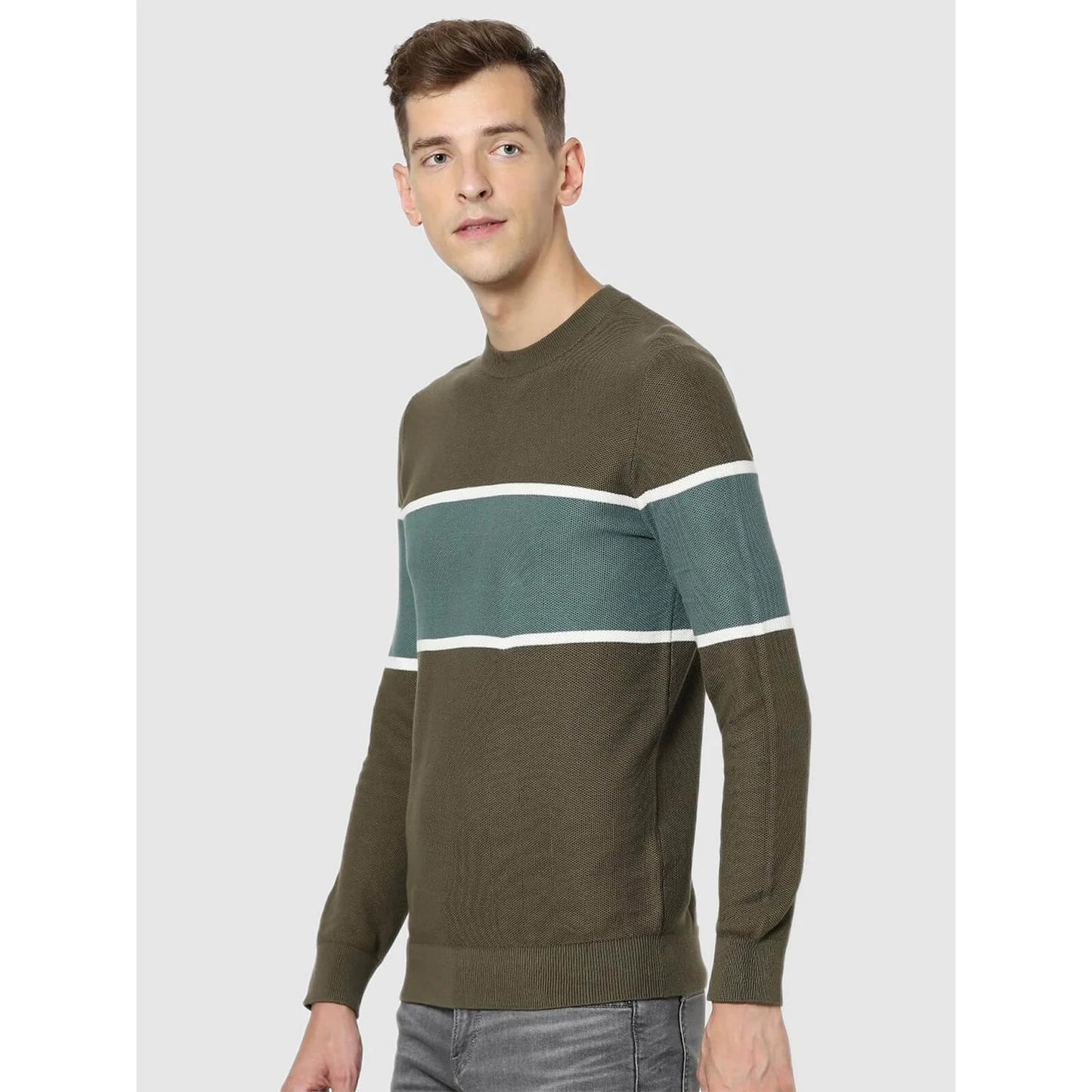 Green Colourblock Cotton Sweater