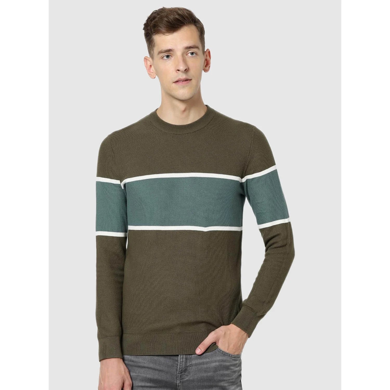 Green Colourblock Cotton Sweater