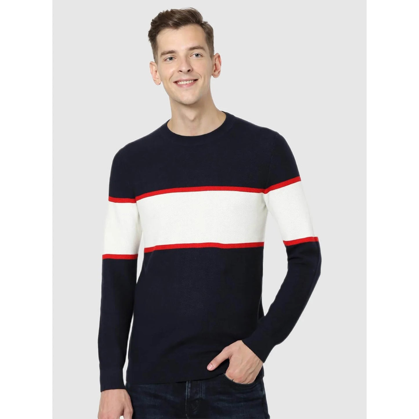 Navy Blue Colourblock Cotton Sweater