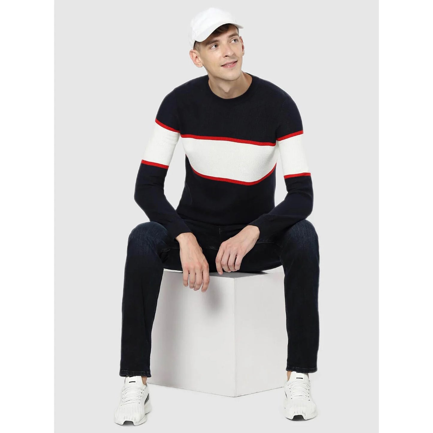 Navy Blue Colourblock Cotton Sweater