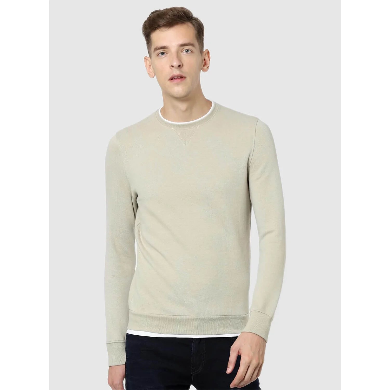 Beige Solid Cotton Sweatshirt