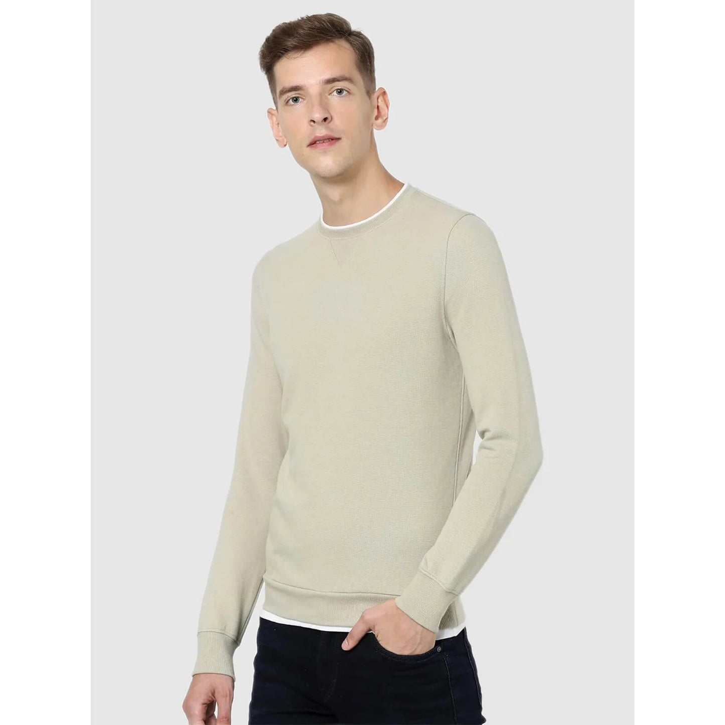 Beige Solid Cotton Sweatshirt