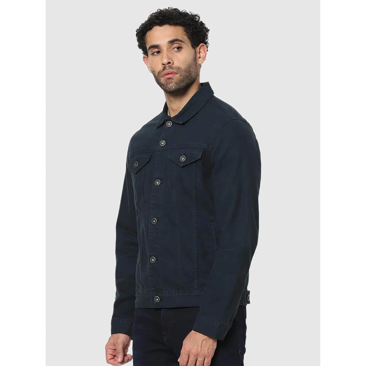 Navy Blue Solid Cotton Jacket