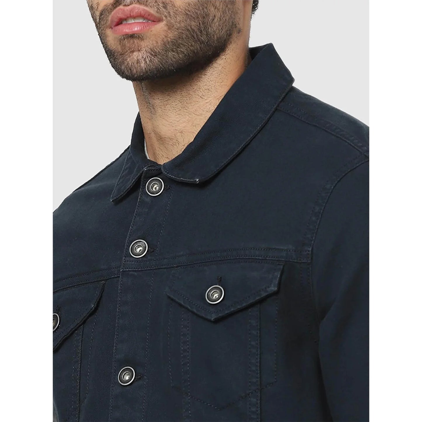 Navy Blue Solid Cotton Jacket