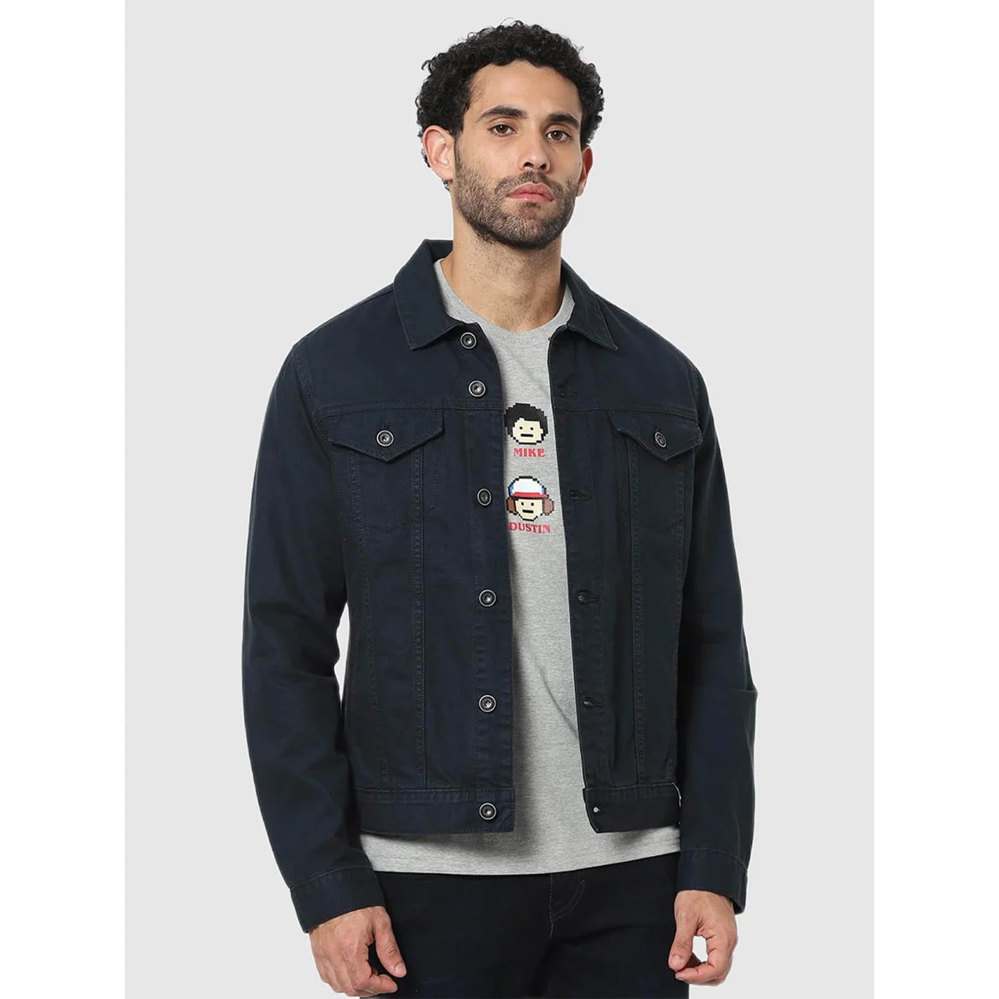 Navy Blue Solid Cotton Jacket