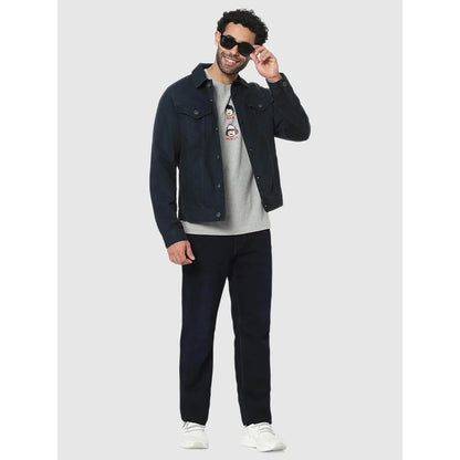 Navy Blue Solid Cotton Jacket