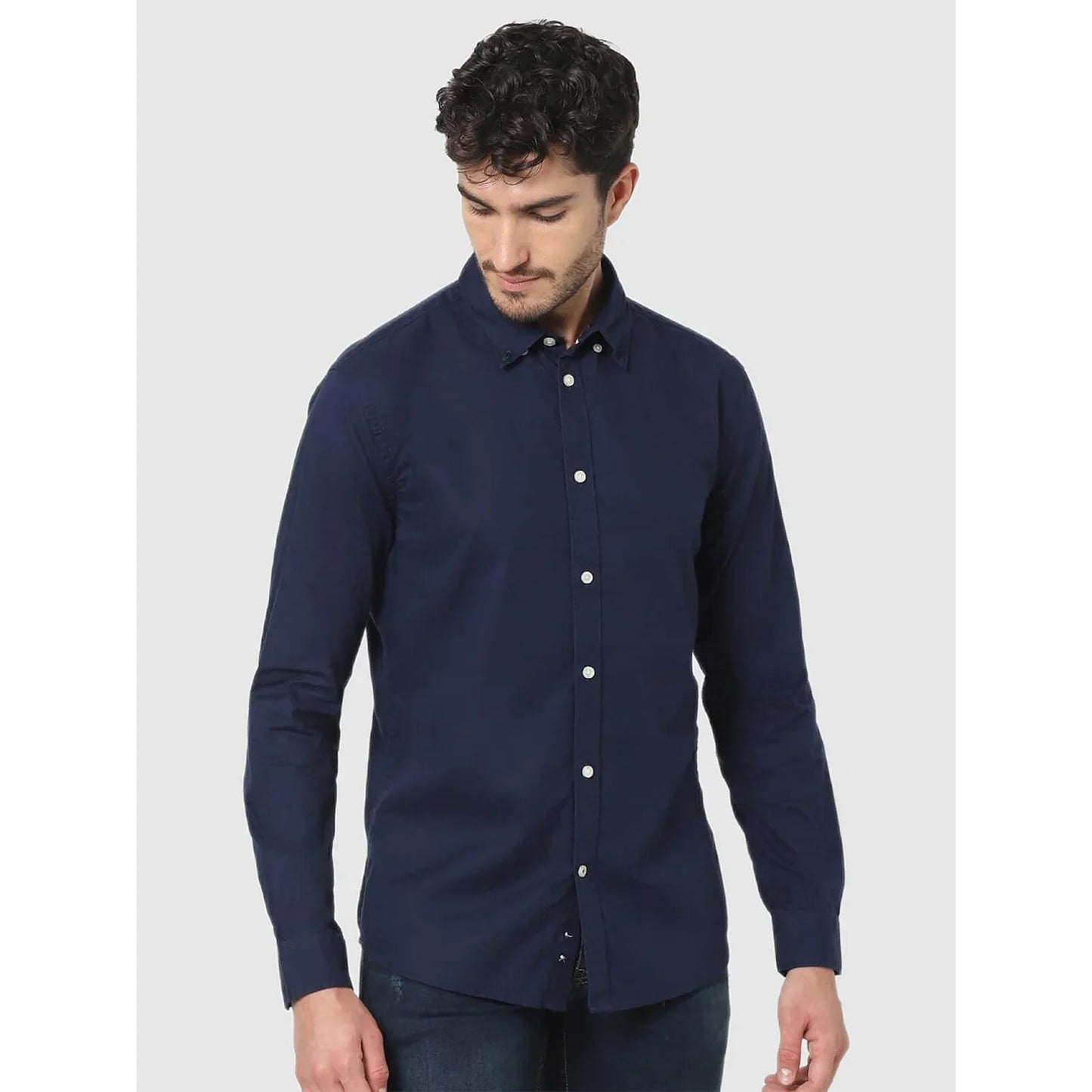 Navy Blue Solid Cotton Shirt