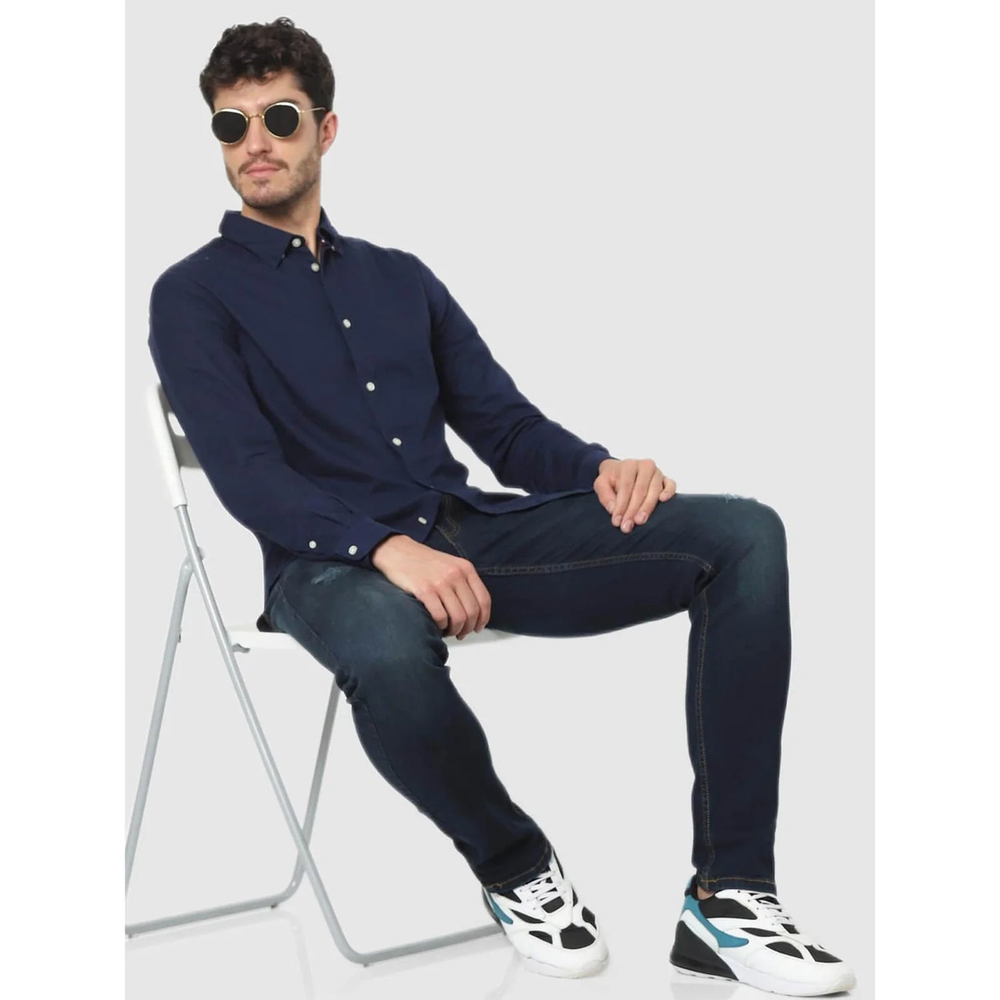 Navy Blue Solid Cotton Shirt