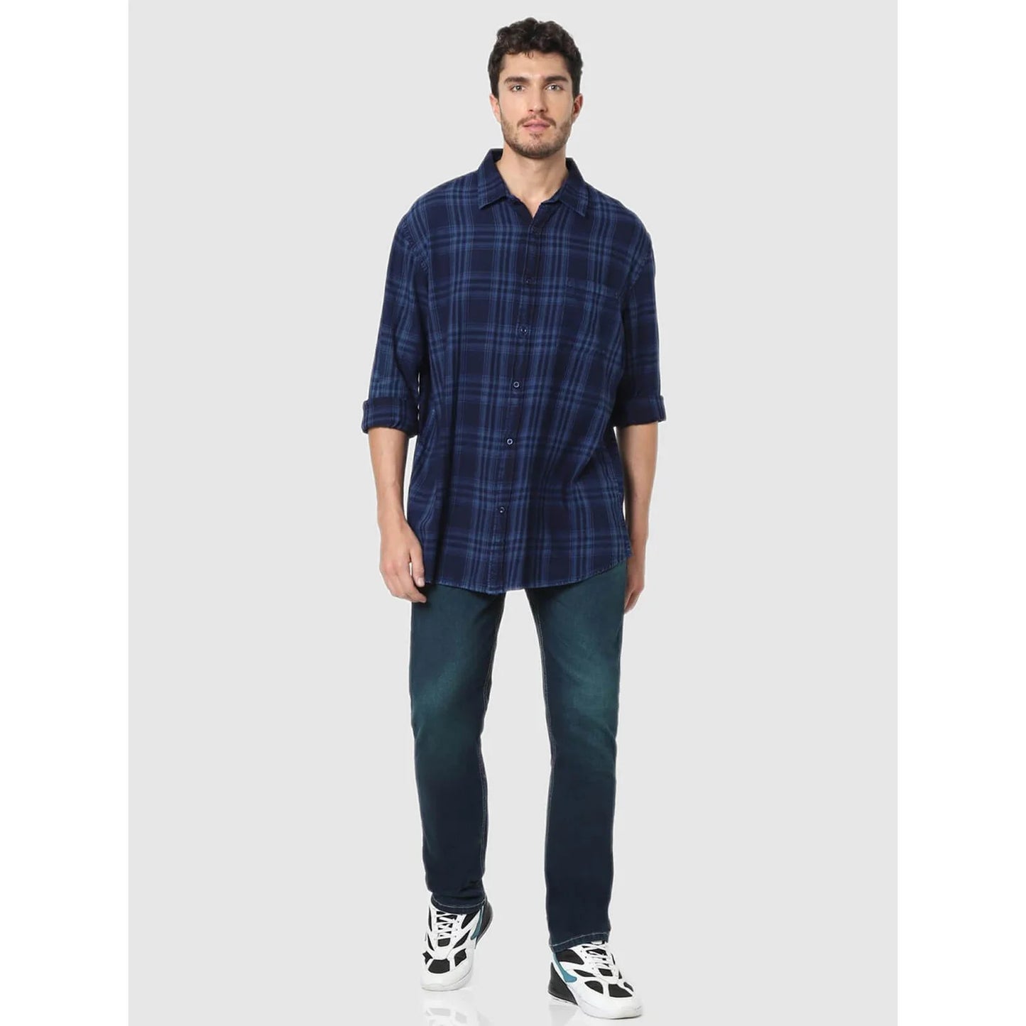 Navy Blue Checks Cotton Shirt