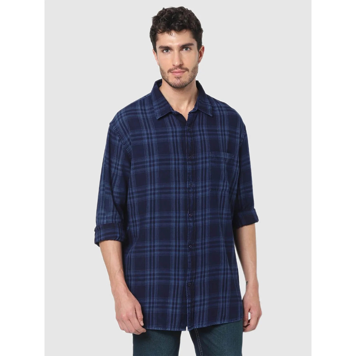 Navy Blue Checks Cotton Shirt