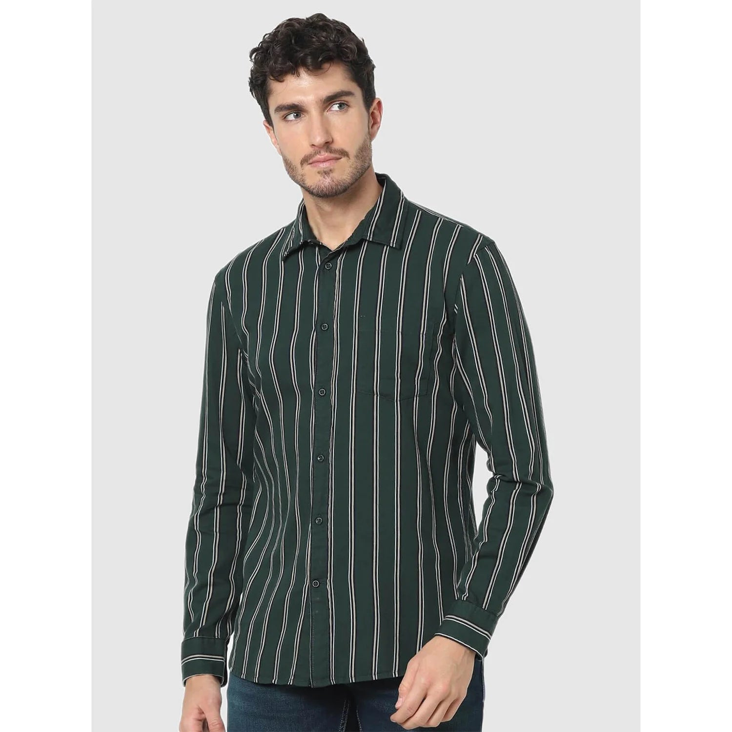 Celio* Striped Regular Fit Cotton Green Shirt