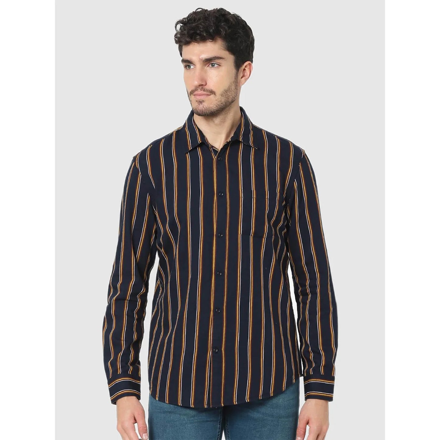 Navy Blue Striped Cotton Shirt