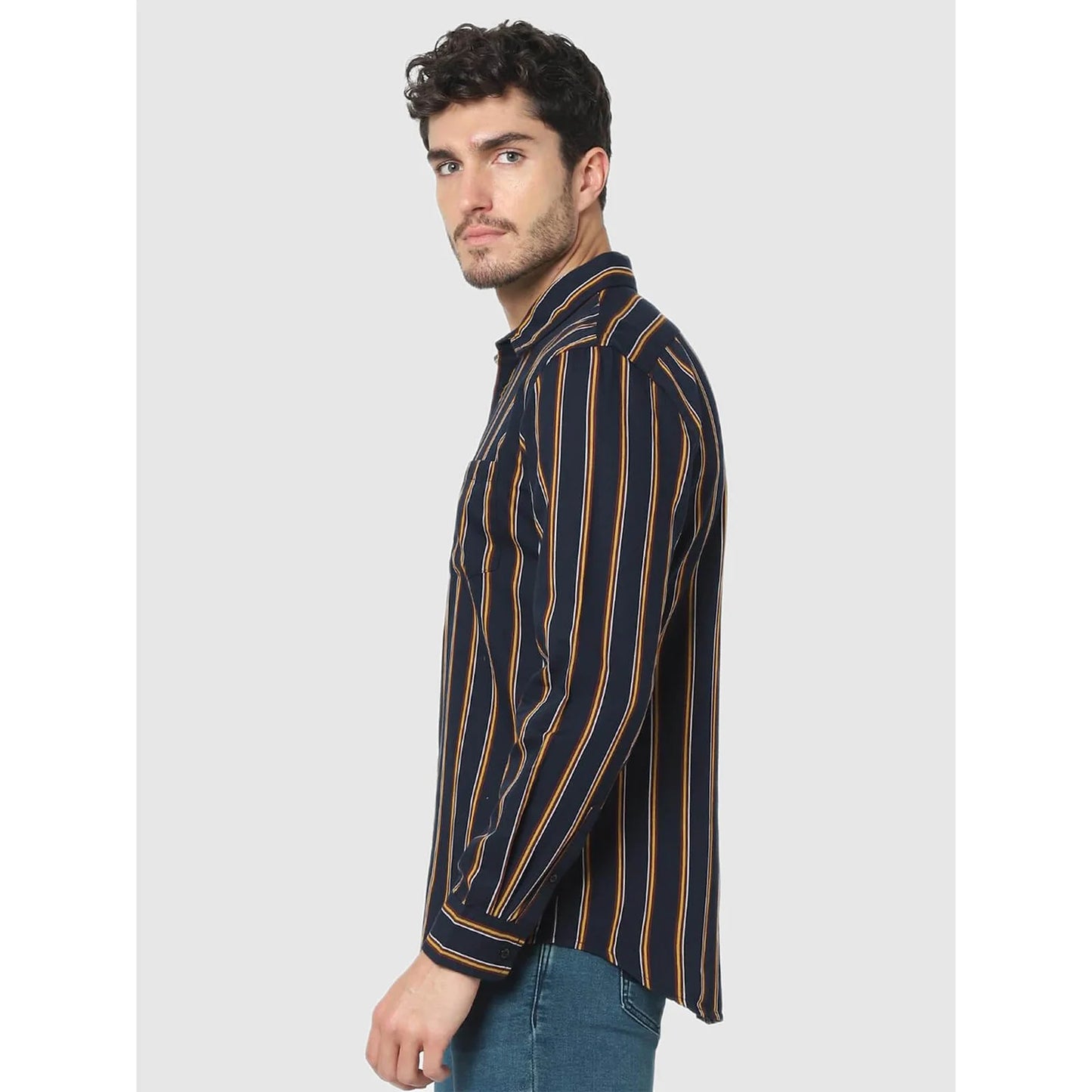 Navy Blue Striped Cotton Shirt