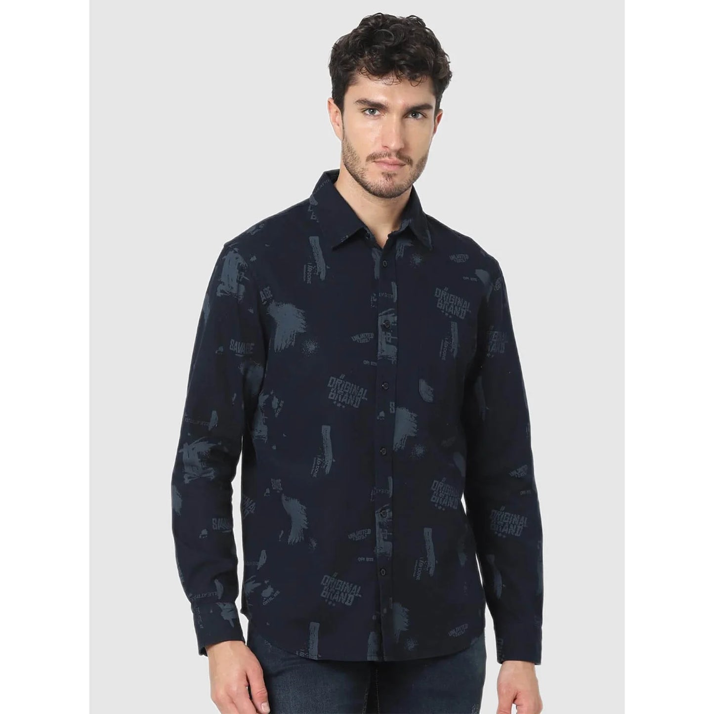 Navy Blue Printed Cotton Shirt