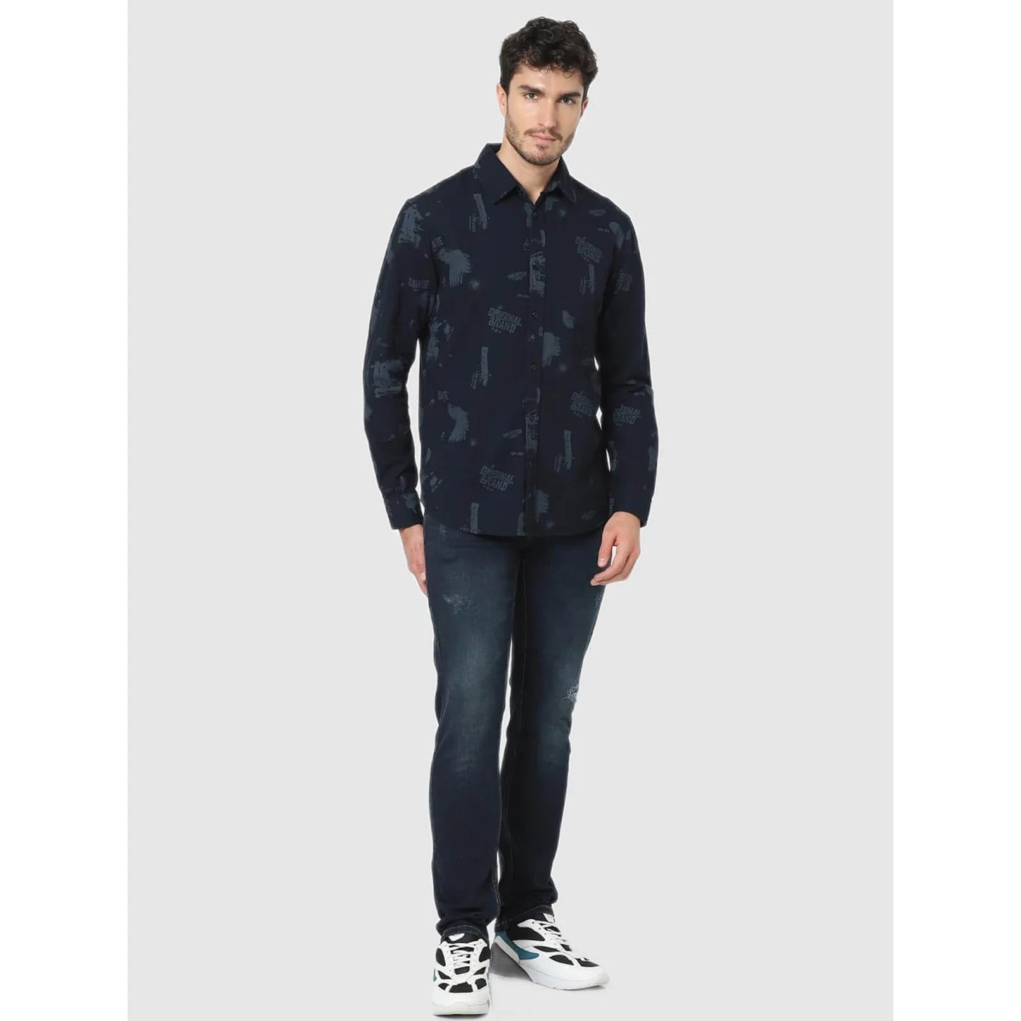 Navy Blue Printed Cotton Shirt