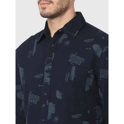 Navy Blue Printed Cotton Shirt