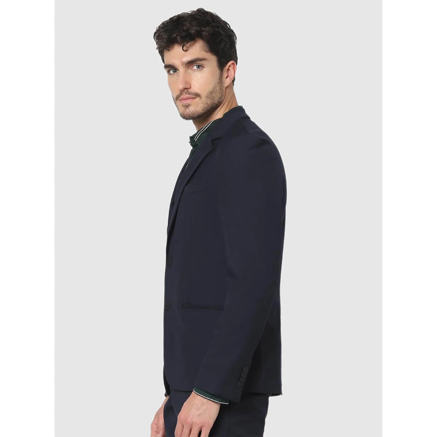 Navy Blue Solid Polyester Blazer