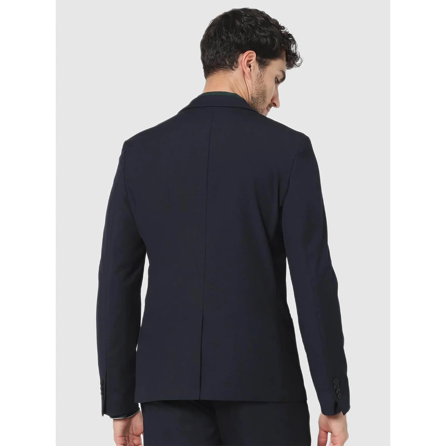 Navy Blue Solid Polyester Blazer