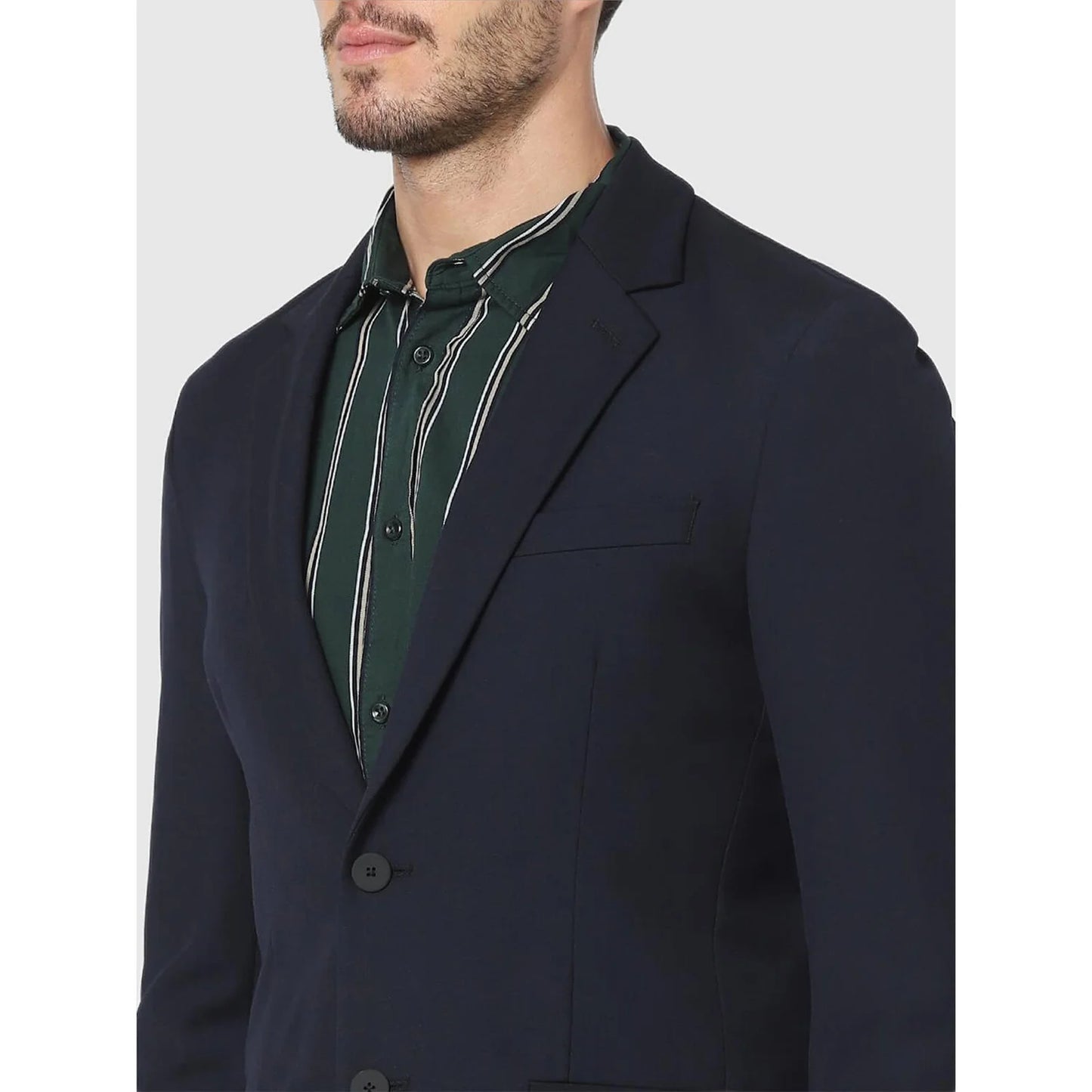 Navy Blue Solid Polyester Blazer